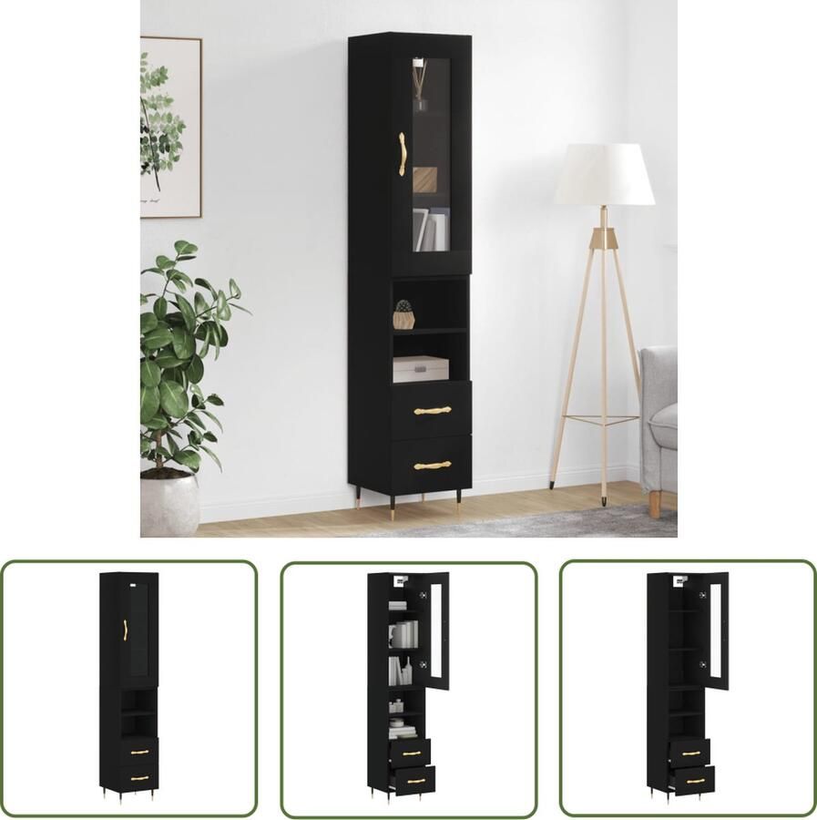 The Living Store Hoge kast 34 5x34x180 cm bewerkt hout zwart Hoge Kast Dressoir Buffetkast Zwarte Kast Houten Kast - Foto 2
