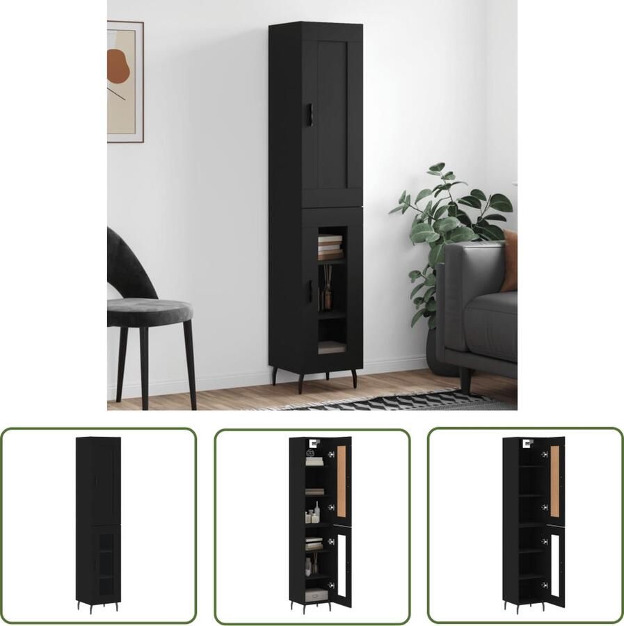 The Living Store Hoge kast 34 5x34x180 cm bewerkt hout zwart Hoge Kast Dressoir Buffetkast Zwarte Kast Houten Kast - Foto 3