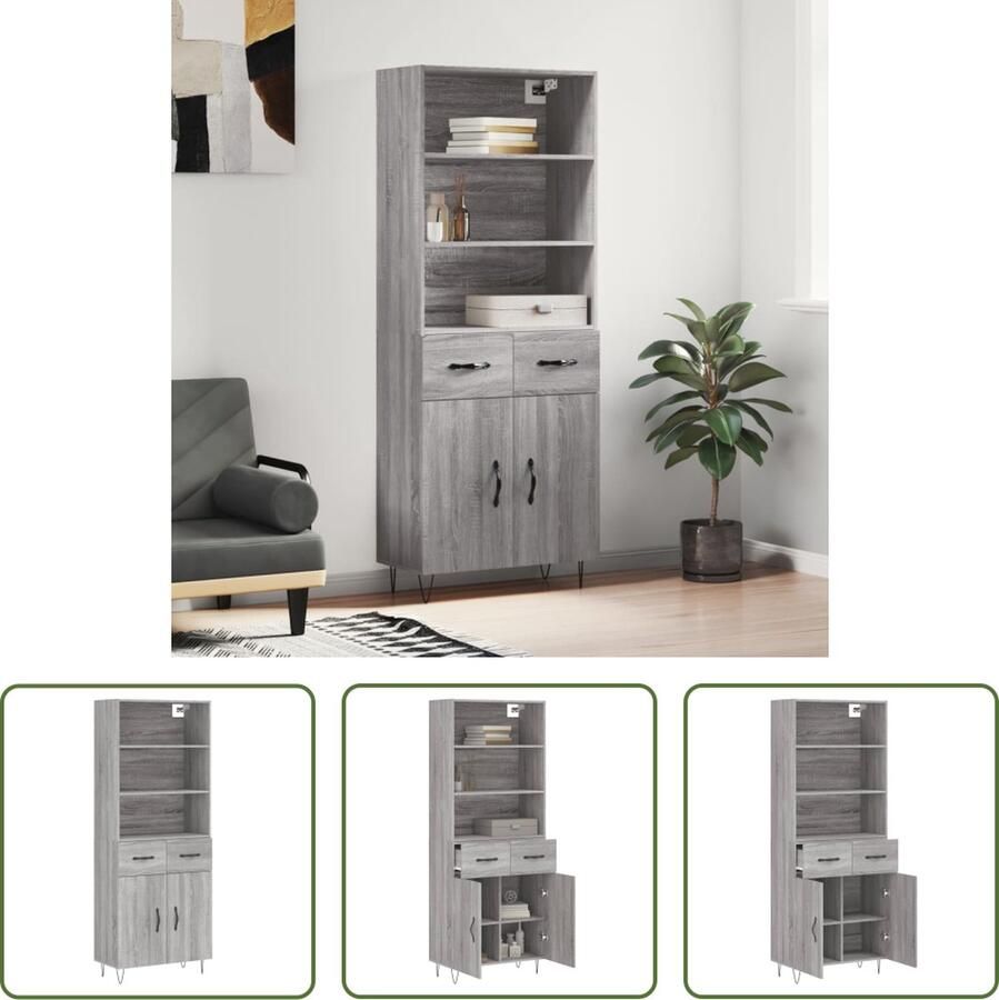 The Living Store Hoge Kast Dressoir en Opzetkast 69.5 x 34 x 180 cm Grijs Sonoma Eiken