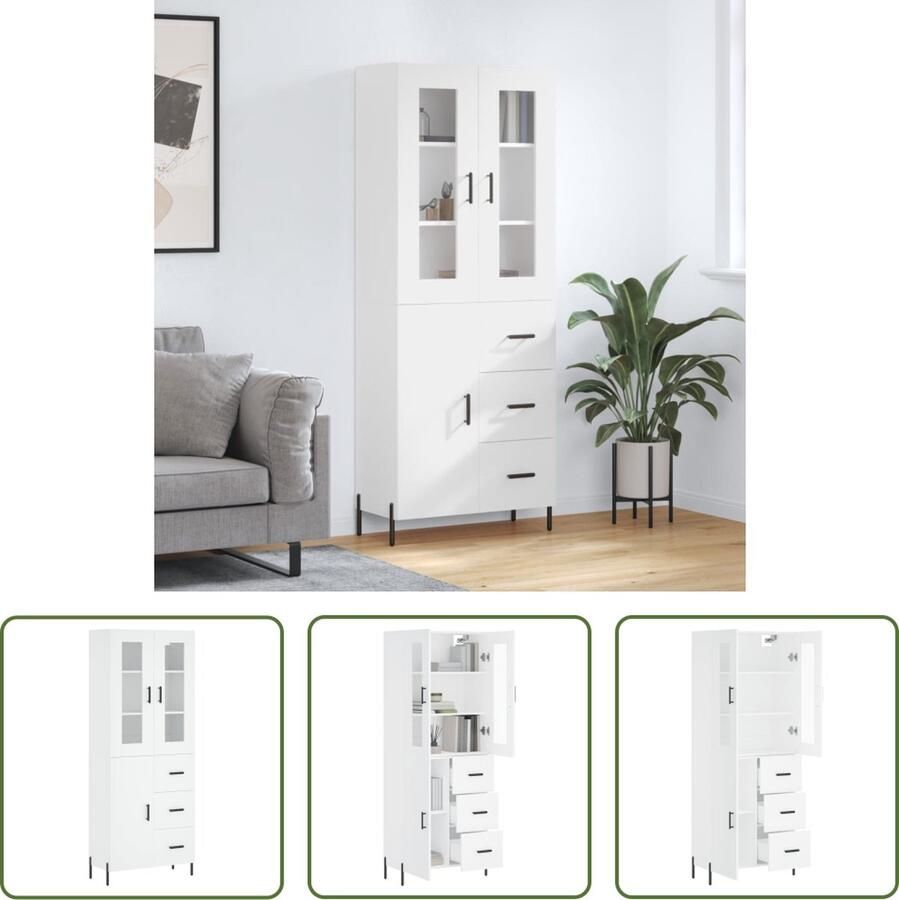 The Living Store Hoge kast 69 5x34x180 cm bewerkt hout wit Hoge Kast Dressoir Buffetkast Opbergruimte Houten Kast