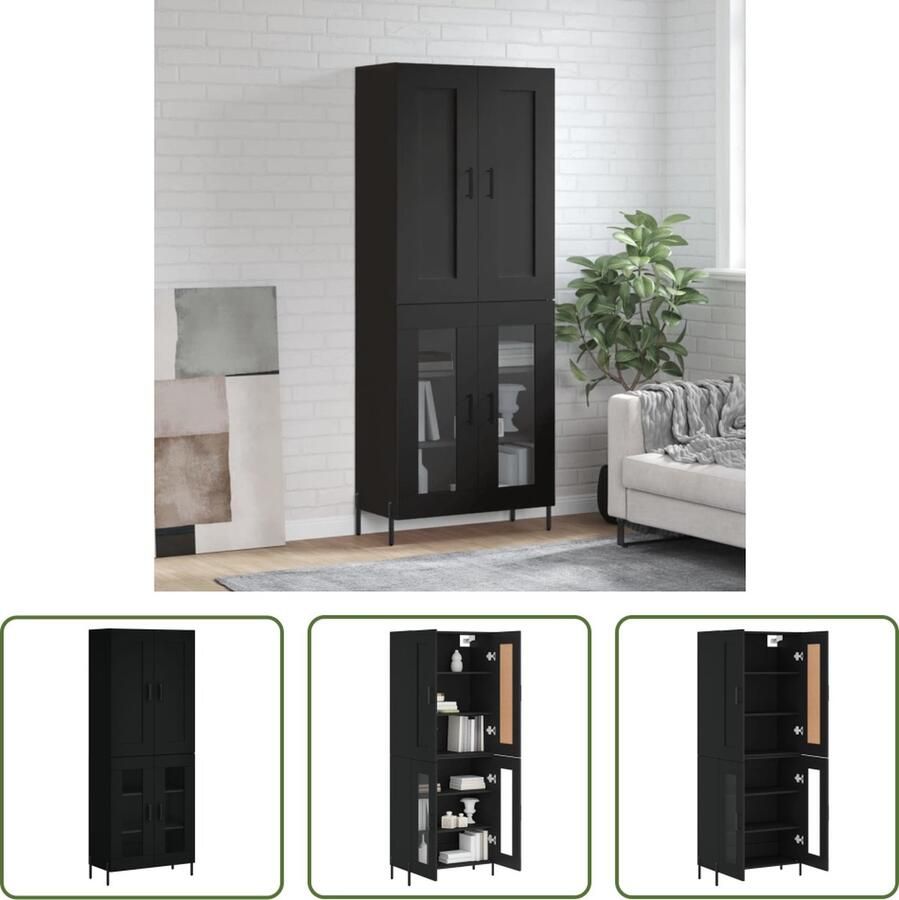 The Living Store Hoge kast 69 5x34x180 cm bewerkt hout zwart Hoge Kast Dressoir Buffetkast Zwarte Kast Houten Kast