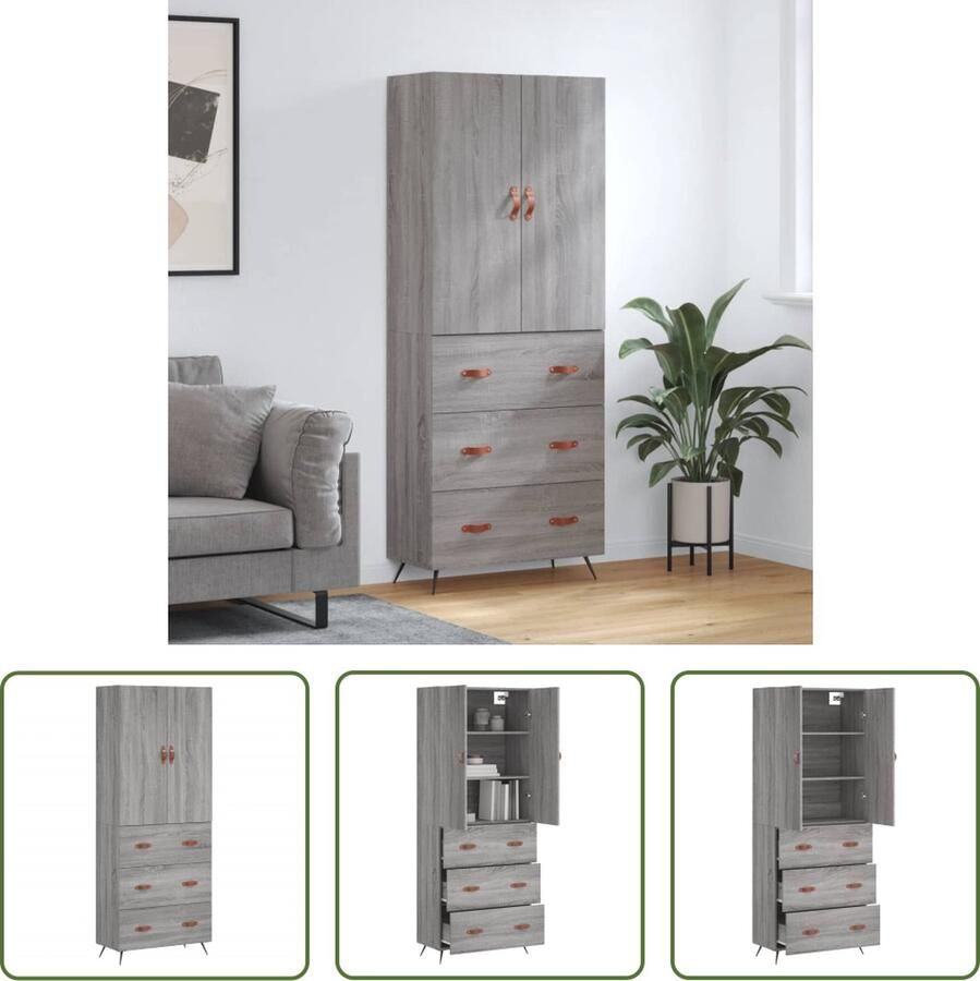 The Living Store Hoge Kast Dressoir en Opzetkast Grijs Sonoma Eiken 69.5 x 34 x 180 cm