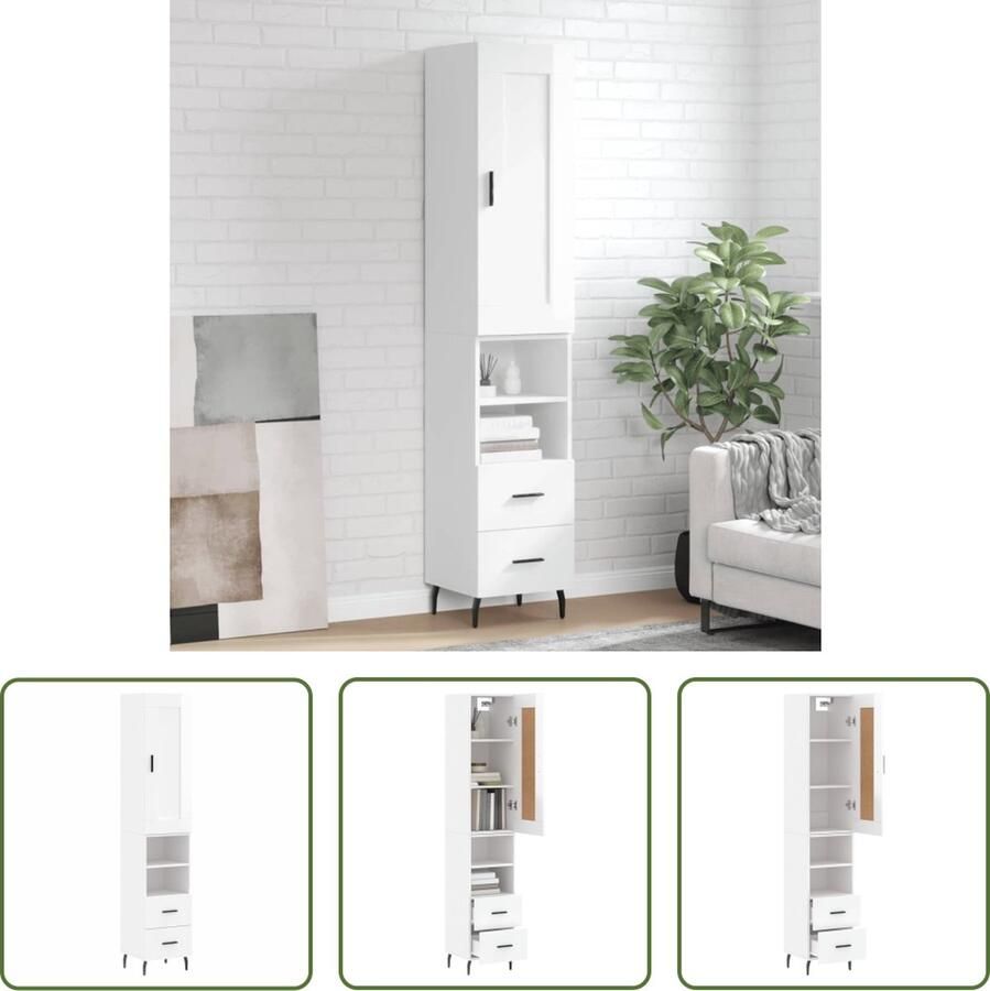 The Living Store Hoge Kast Dressoir en Opzetkast Hoogglans Wit 34.5 x 34 x 180 cm Bewerkt Hout