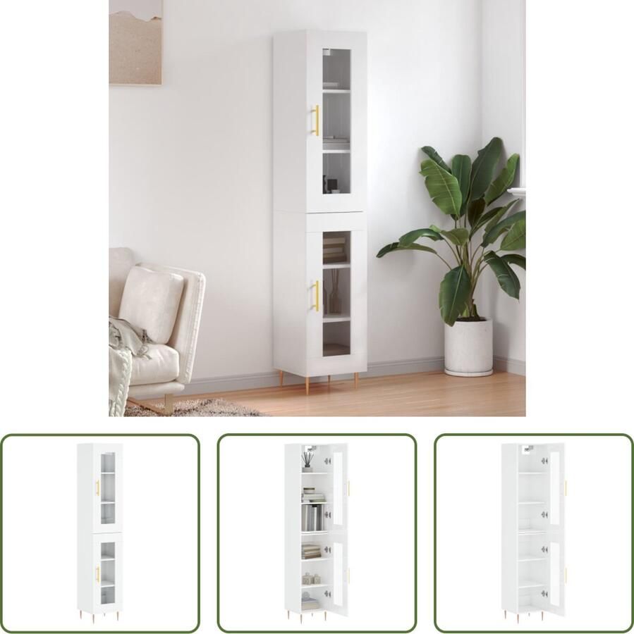 The Living Store Hoge kast 34 5x34x180 cm bewerkt hout hoogglans wit Hoge Kast Dressoir Buffetkast Opbergkast Witte Kast - Foto 2