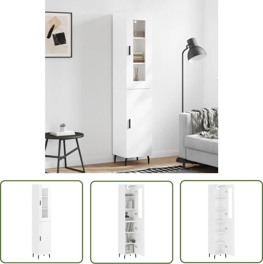 The Living Store Hoge kast 34 5x34x180 cm bewerkt hout hoogglans wit Hoge Kast Dressoir Buffetkast Opbergkast Witte Kast
