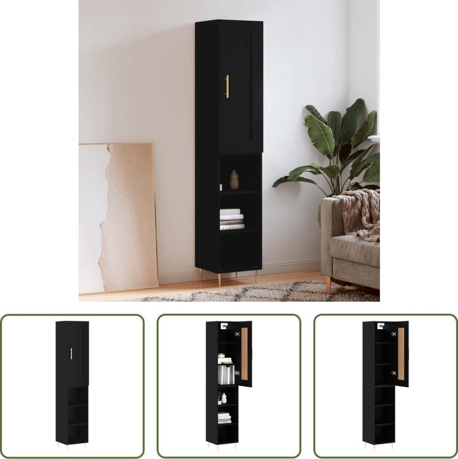 The Living Store Hoge kast 34 5x34x180 cm bewerkt hout zwart Hoge Kast Dressoir Opzetkast Zwarte Kast Houten Kast