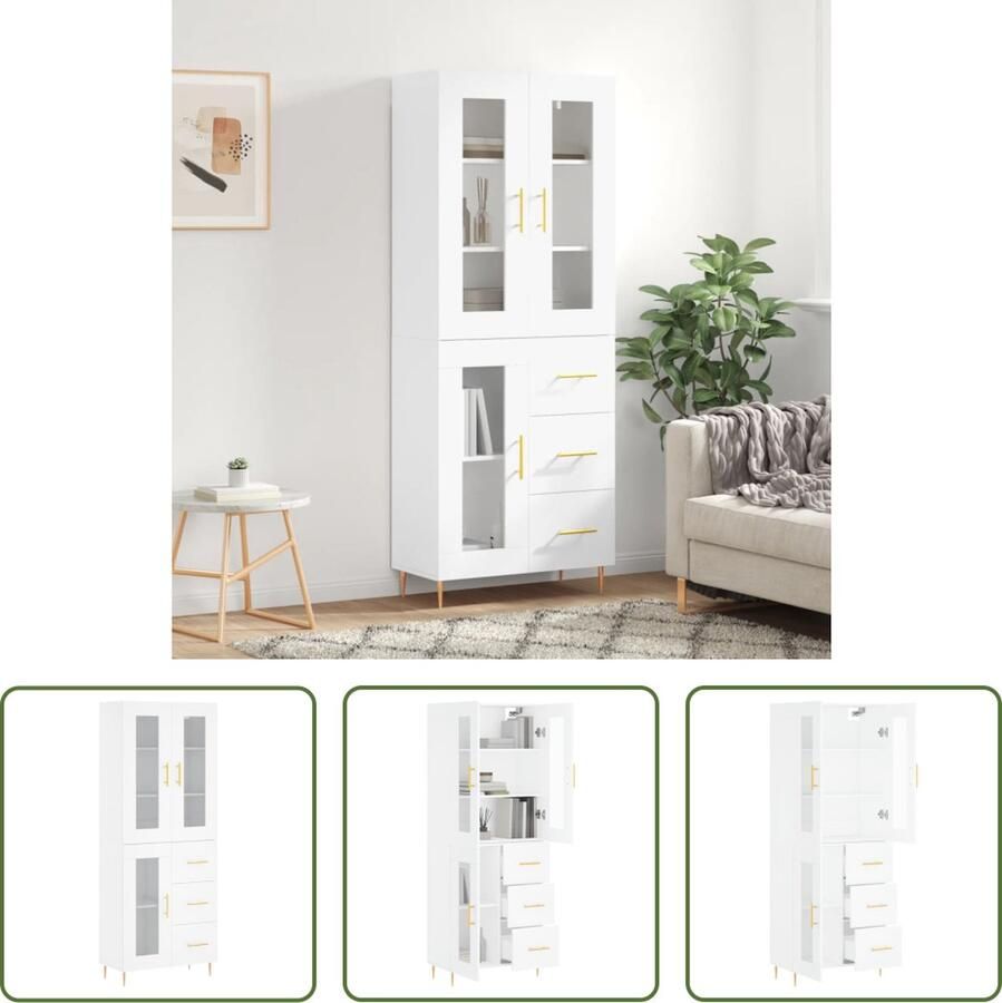 VidaXL The Living Store Hoge Kast Dressoir Opzetkast 69.5 x 34 x 180 cm Wit Duurzaam Materiaal Voldoende Opbergruimte Praktische Deur Metalen Voeten
