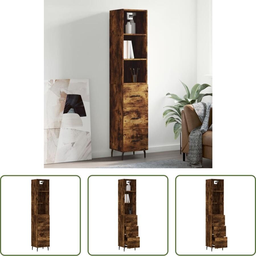 The Living Store Hoge Kast Gerookt Eiken 180 cm Duurzaam Materiaal Voldoende Opbergruimte Metalen Voeten Wandbevestiging Noodzakelijk Montage Vereist 1 x Dressoir 1 x Opzetkast
