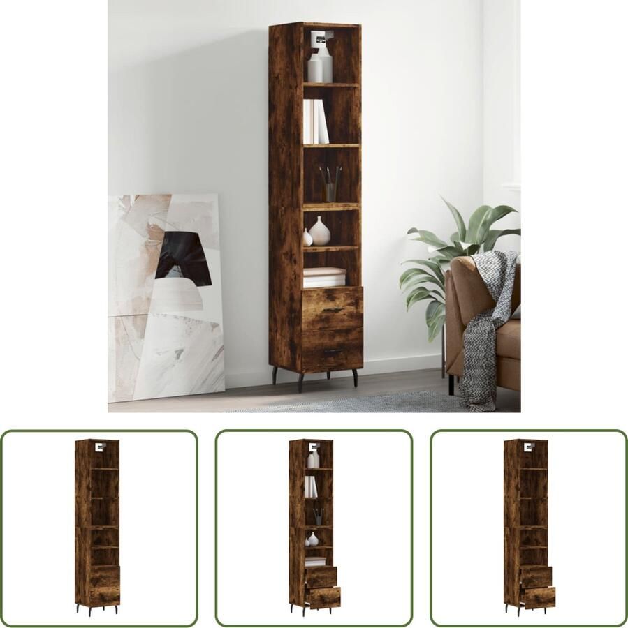 The Living Store Hoge kast 34 5x34x180 cm bewerkt hout gerookt eikenkleurig Hoge Kast Houten Kast Dressoir Buffetkast