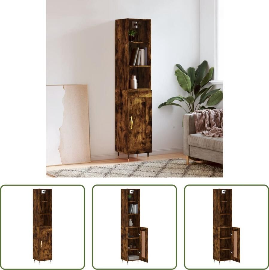 The Living Store Hoge kast Gerookt eiken 34.5 x 34 x 180 cm Duurzaam materiaal Voldoende opbergruimte Praktische deur Metalen voeten Montage vereist Inclusief dressoir en opzetkast