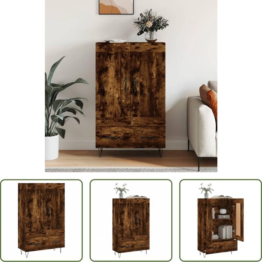 The Living Store Hoge kast 69 5x31x115 cm bewerkt hout gerookt eikenkleurig Hoge Kast Houten Kast Met Lade Bergruimte Opbergkast