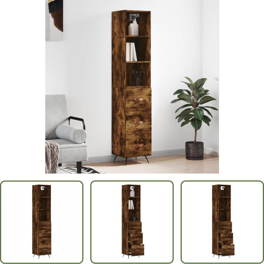 The Living Store Hoge kast 34 5x34x180 cm bewerkt hout gerookt eikenkleurig Hoge Kast Houten Kast Dressoir Buffetkast