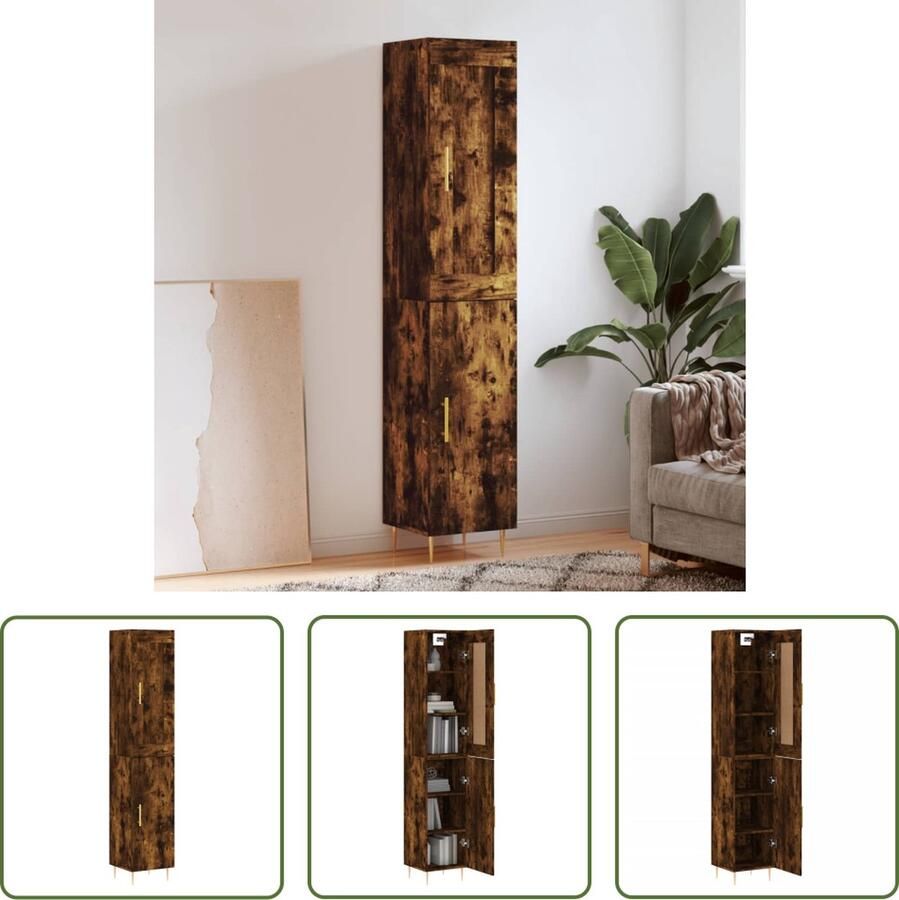 The Living Store Hoge kast 34 5x34x180 cm bewerkt hout gerookt eikenkleurig Hoge Kast Houten Kast Dressoir Buffetkast