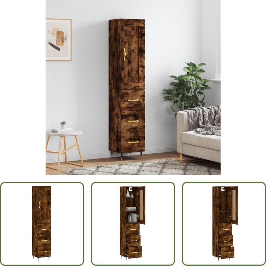 The Living Store Hoge kast 34 5x34x180 cm bewerkt hout gerookt eikenkleurig Hoge Kast Dressoir Buffetkast Houten Kast Vintage Kast