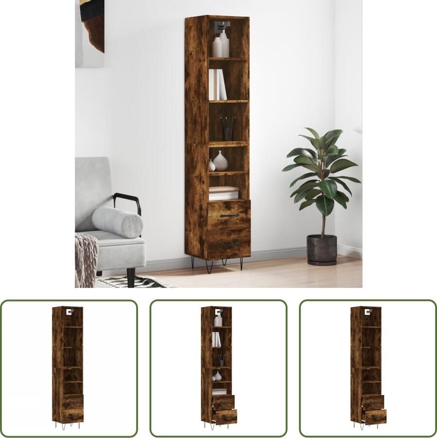 The Living Store Hoge kast 34 5x34x180 cm bewerkt hout gerookt eikenkleurig Hoge Kast Houten Kast Dressoir Buffetkast - Foto 2