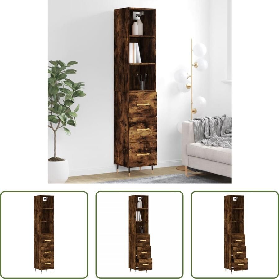 The Living Store Hoge kast 34 5x34x180 cm bewerkt hout gerookt eikenkleurig Hoge Kast Dressoir Buffetkast Houten Kast Opbergkast - Foto 2