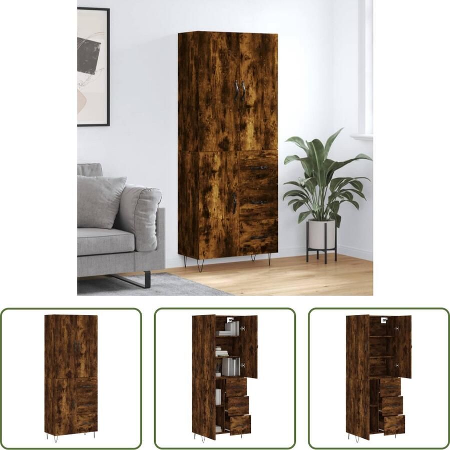 The Living Store Hoge Kast Gerookt eiken Dressoir en opzetkast 69.5 x 34 x 180 cm Duurzaam materiaal