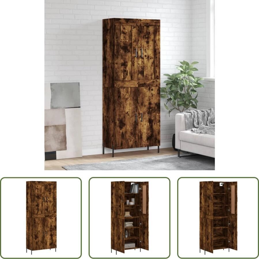The Living Store Hoge kast 69 5x34x180 cm bewerkt hout gerookt eikenkleurig Hoge Kast Dressoir Buffetkast Opbergkast Houten Kast