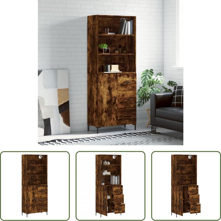 The Living Store Hoge Kast Gerookt Eiken Dressoir en Opzetkast 69.5 x 34 x 180 cm