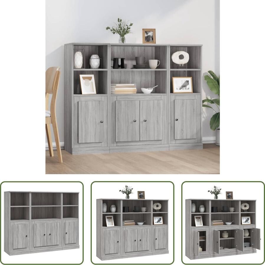 The Living Store Hoge kasten 3 st bewerkt hout grijs sonoma eikenkleurig Hoge Kast Grijze Kast Houten Kast Opslagkast Woonkamermeubilair