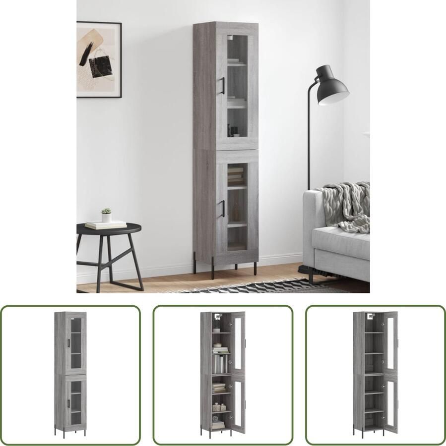 The Living Store Hoge kast 34 5x34x180 cm bewerkt hout grijs sonoma eikenkleurig Hoge Kast Kledingkast Opbergkast Grijze Kast Houten Kast