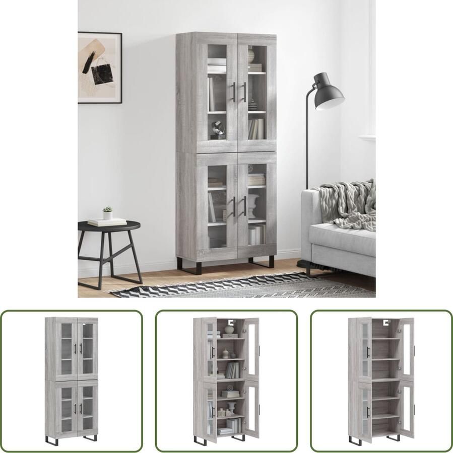 The Living Store Hoge kast 69 5x34x180 cm bewerkt hout grijs sonoma eikenkleurig Hoge Kast Dressoir Buffetkast Houten Kast Grijze Kast