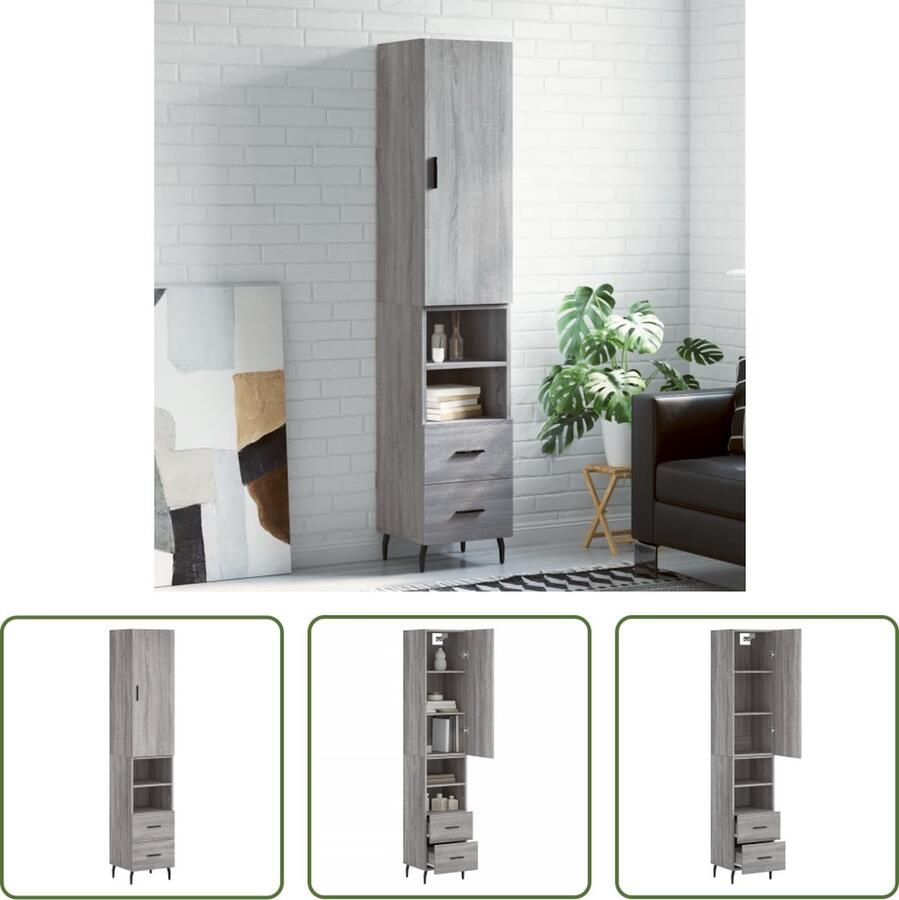 The Living Store Hoge kast 34 5x34x180 cm bewerkt hout grijs sonoma eikenkleurig Hoge Kast Kledingkast Opslagoplossing Houten Kast Grijze Kast