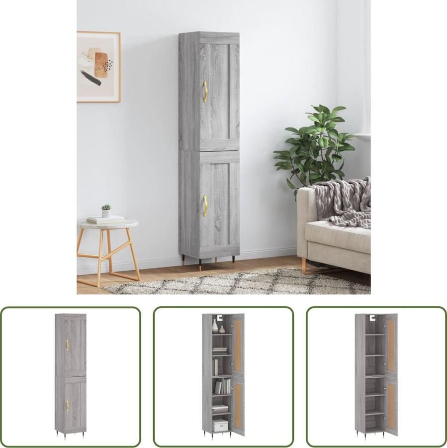The Living Store Hoge kast 34 5x34x180 cm bewerkt hout grijs sonoma eikenkleurig Hoge Kast Dressoir Buffetkast Opbergkast Houten Kast