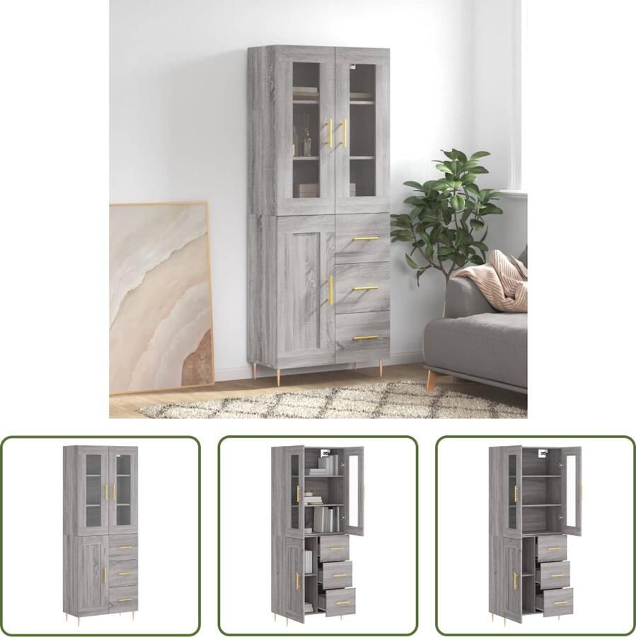 The Living Store Hoge kast 69 5x34x180 cm bewerkt hout grijs sonoma eikenkleurig Hoge Kast Kledingkast Opslagkast Grijze Kast Houten Kast