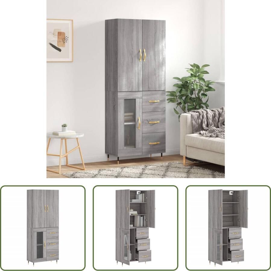 The Living Store Hoge kast 69 5x34x180 cm bewerkt hout grijs sonoma eikenkleurig Hoge Kast Grijze Kast Houten Kast Opbergkast Salontafel