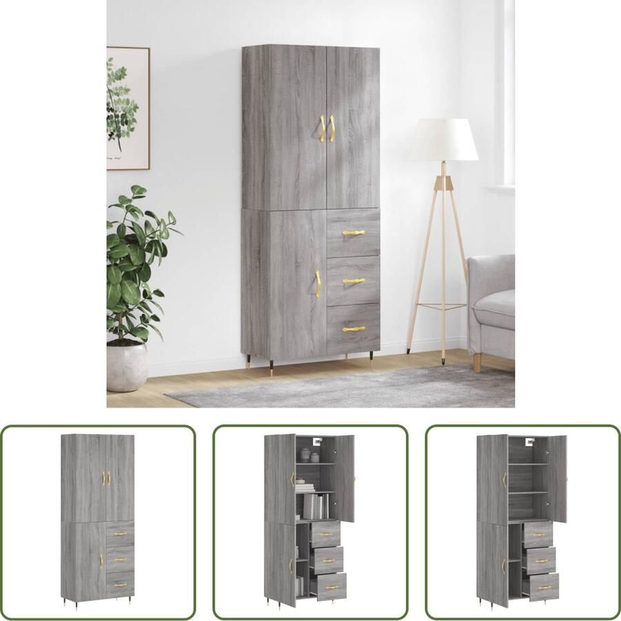 VidaXL Grijze Kast Hoge Kast Hoge kast 69 5x34x180 cm bewerkt hout grijs sonoma eikenkleurig Houten Kast Opslagkast Dressoir