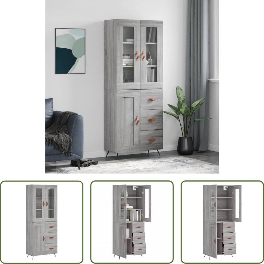 The Living Store Hoge kast 69 5x34x180 cm bewerkt hout grijs sonoma eikenkleurig Hoge Kast Dressoir Buffetkast Opbergkast Grijze Kast