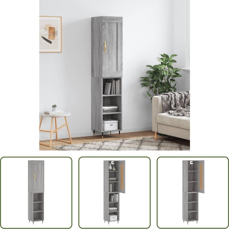 The Living Store Hoge kast 34 5x34x180 cm bewerkt hout grijs sonoma eikenkleurig Hoge Kast Kledingkast Opbergkast Grijze Kast Houten Kast