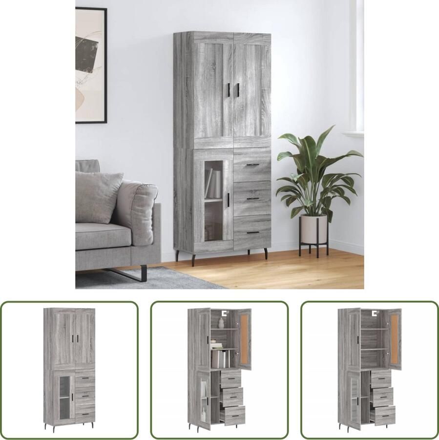 The Living Store Hoge Kast Grijs Sonoma Eiken Gemaakt van bewerkt hout metaal en glas 69.5 x 34 x 180 cm (B x D x H) Opbergruimte en praktische deuren Metalen voeten Montage vereist