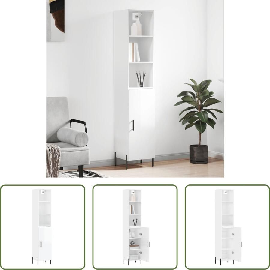 The Living Store Hoge kast 34-5x34x180 cm bewerkt hout hoogglans wit Keukenkast