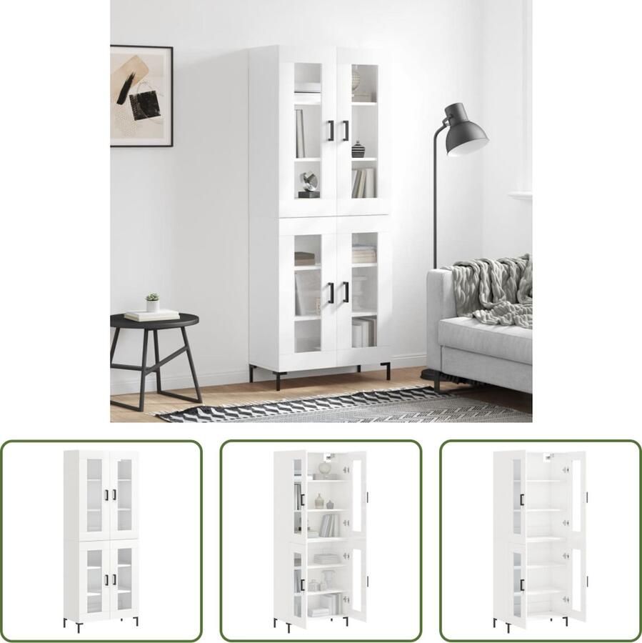 The Living Store Hoge kast 69 5x34x180 cm bewerkt hout hoogglans wit Hoge Kast Opslagoplossing Keukenkast Woonkamerkast