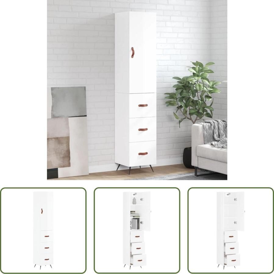 The Living Store Hoge kast 34 5x34x180 cm bewerkt hout hoogglans wit Hoge Kast Witte Kast Houten Kast Opslagoplossing Woonkamermeubel - Foto 8
