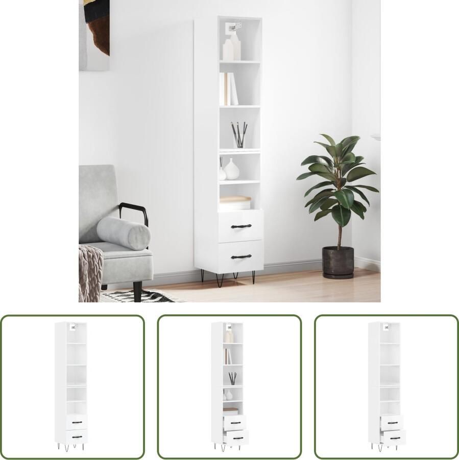 The Living Store Hoge Kast Hoogglans wit Bewerkt hout Metaal 180 cm Inclusief dressoir en opzetkast