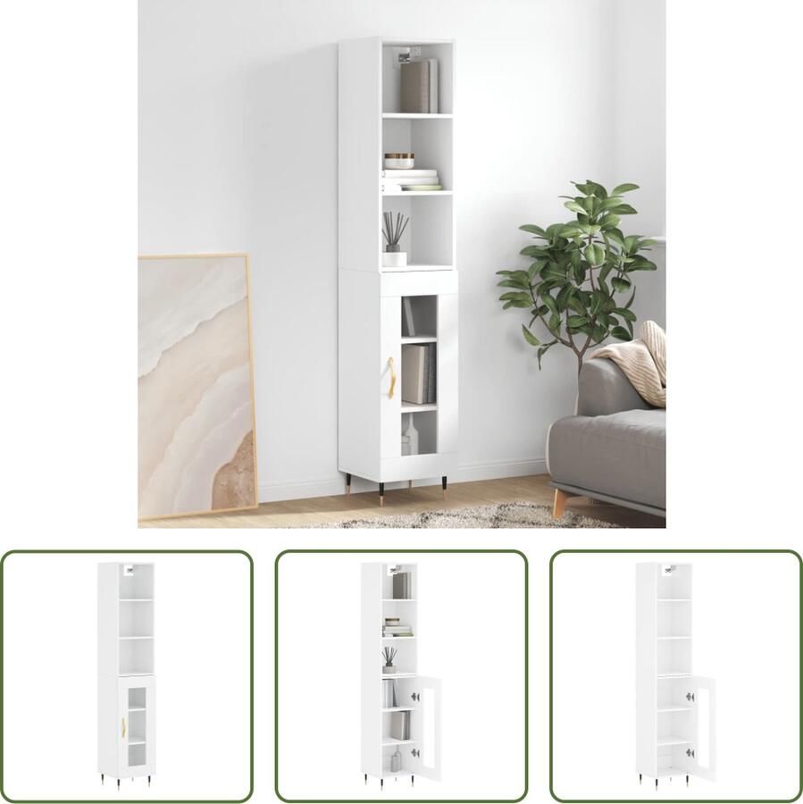 The Living Store Hoge Kast Hoogglans wit Bewerkt hout metaal glas 34.5 x 34 x 180 cm Met deuren Metalen voeten Montage vereist 1 x dressoir 1 x opzetkast