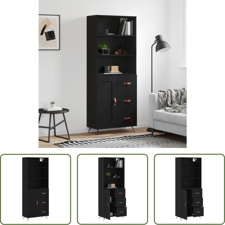 The Living Store Hoge kast 69 5x34x180 cm bewerkt hout zwart Hoge Kast Houten Kast Zwarte Kast Opbergkast Woonkamerkast