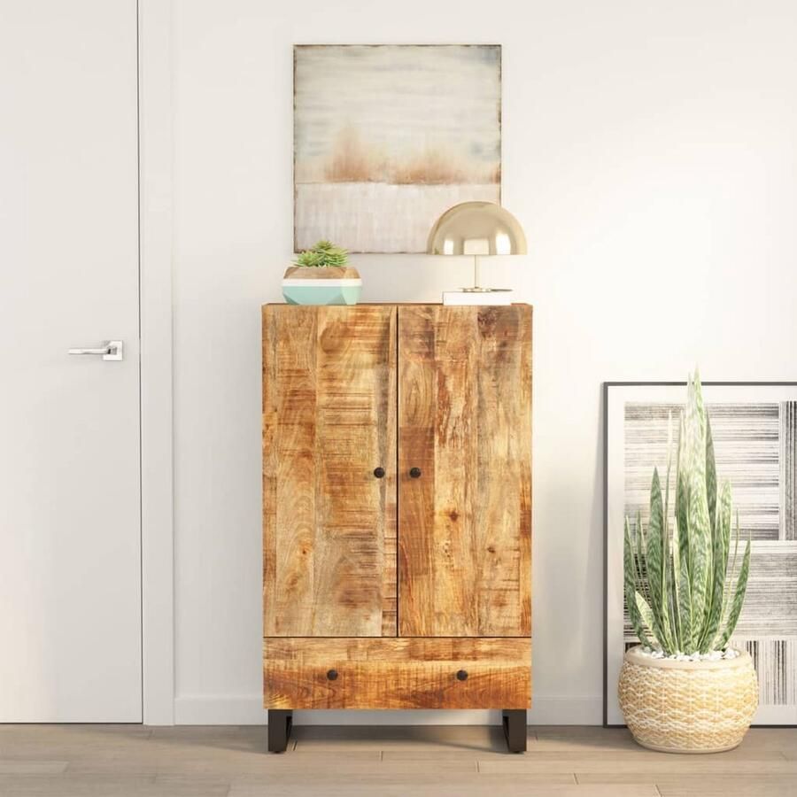 The Living Store Hoge kast met lade 60x33x100 cm massief mangohout en ijzer Hoge Kast Industrieel Design Mangohout Kast Opbergkast Salontafel - Foto 2