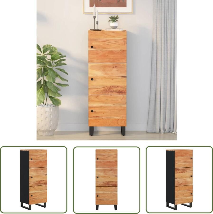 The Living Store Hoge kast met 3 deuren 40x33x110 cm massief acaciahout en ijzer Hoge Kast Industrieel Design Houten Kast Opbergkast Acacia Hout