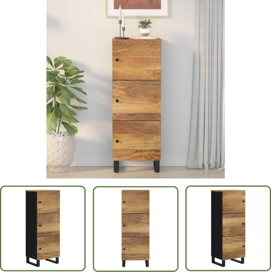 The Living Store Hoge kast met 3 deuren 40x33x110 cm massief mangohout en ijzer Hoge Kast Mangohouten Kast Industrieel Design Opbergkast Vintage Kast