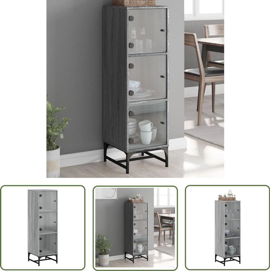The Living Store Hoge kast met glazen deuren 35x37x120 cm grijs sonoma eiken Hoge Kast Grijze Kast Houten Kast Opbergkast Salontafel