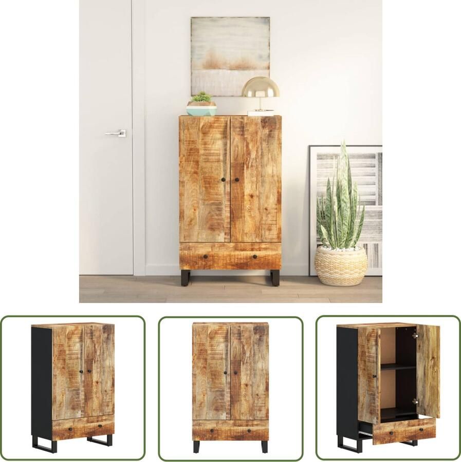 The Living Store Hoge kast met lade 60x33x100 cm massief mangohout en ijzer Hoge Kast Industrieel Design Mangohout Kast Opbergkast Salontafel