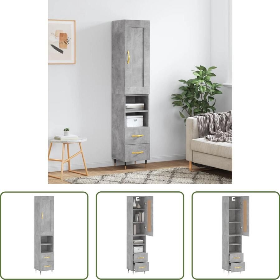 VidaXL Betongrijs Hoge Kast Hoge kast 34 5x34x180 cm bewerkt hout betongrijs Houten Kast Opbergkast Livingroom Furniture