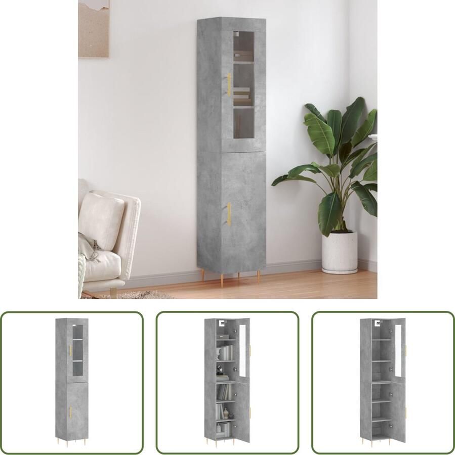 The Living Store Hoge kast 34 5x34x180 cm bewerkt hout betongrijs Hoge Kast Opbergkast Betonnen Grijs Houten Kast Moderne Kast