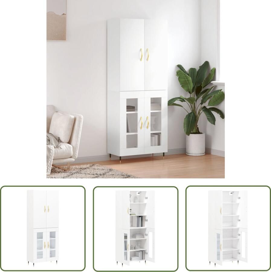 The Living Store Hoge kast 69 5x34x180 cm bewerkt hout wit Hoge Kast Houten Kast Witte Kast Vitrinekast Opslagoplossing - Foto 2