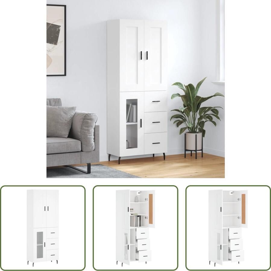 The Living Store Hoge kast 69 5x34x180 cm bewerkt hout wit Hoge Kast Opbergkast Kast Houten Kast Wit Kast - Foto 3
