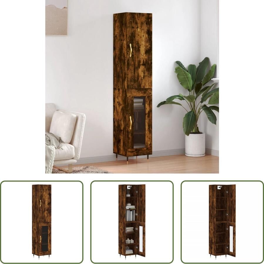 The Living Store Hoge kast 34 5x34x180 cm bewerkt hout gerookt eikenkleurig Hoge Kast Opbergkast Houten Kast Met Lade Bruine Kast